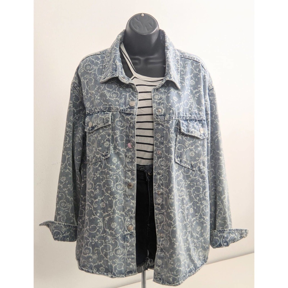 Womens Vintage Blue Denim Jean Floral Jacket STOOSH 90s Y2K Button Down Size L - Picture 4 of 13